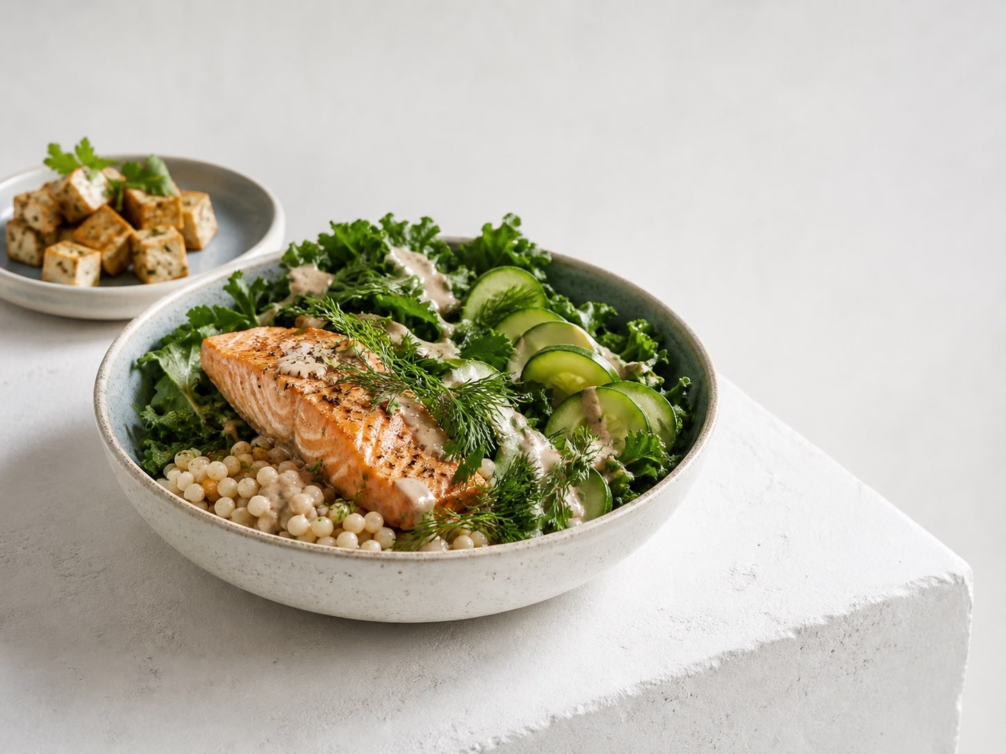 A balanced meal photographed on a clean studio plinth